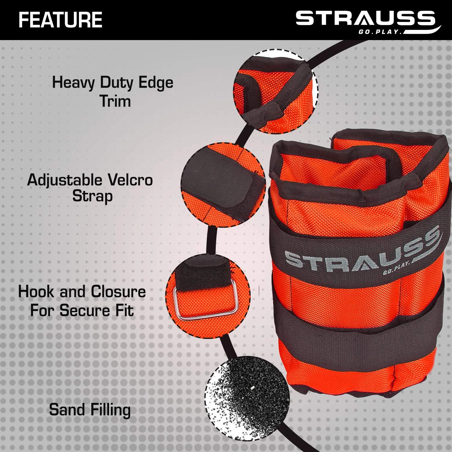 Strauss Adjustable Ankle/Wrist Weights 1.5 KG X 2 | Ideal for Walking, Running, Jogging, Cycling, Gym, Workout & Strength Training | Easy to Use on Ankle, Wrist, Leg, (Orange)
